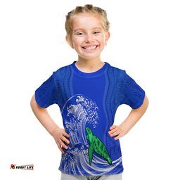 Torres Strait Islands T Shirt KID The Dhari Mix Aboriginal Turtle Version Blue