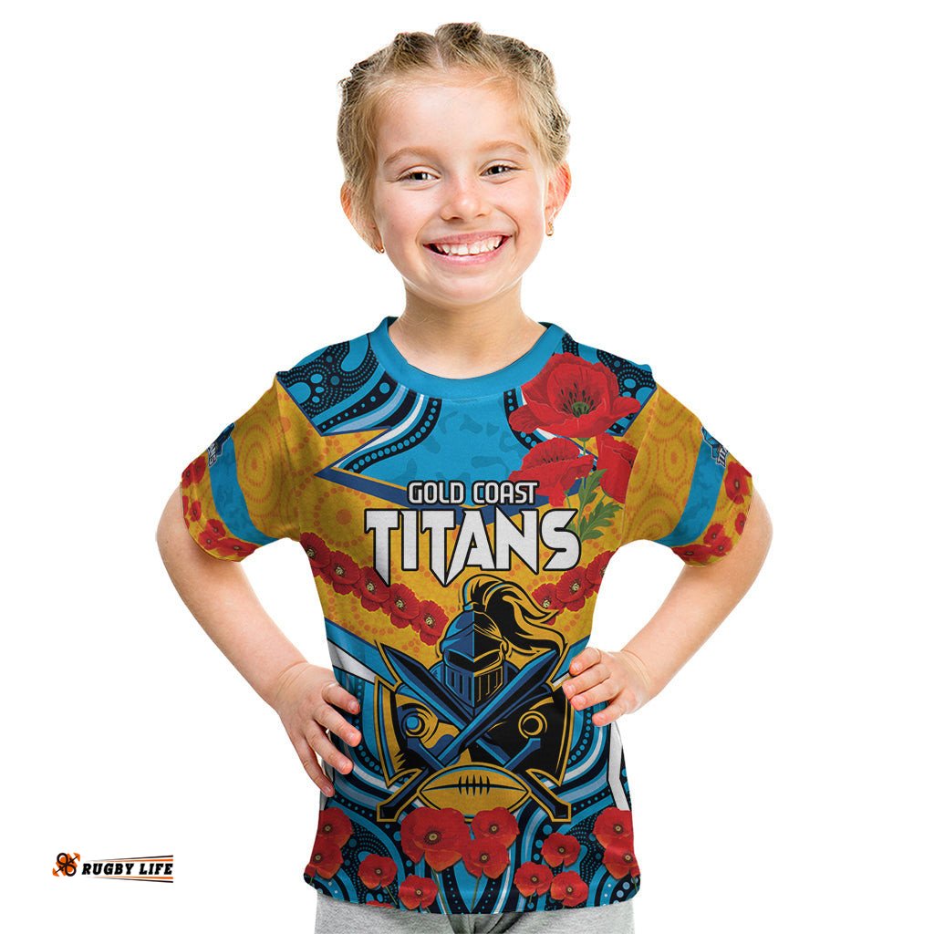 Custom GLD Titans Rugby ANZAC Kid T Shirt Gallipoli Soldier With Aboriginal Art