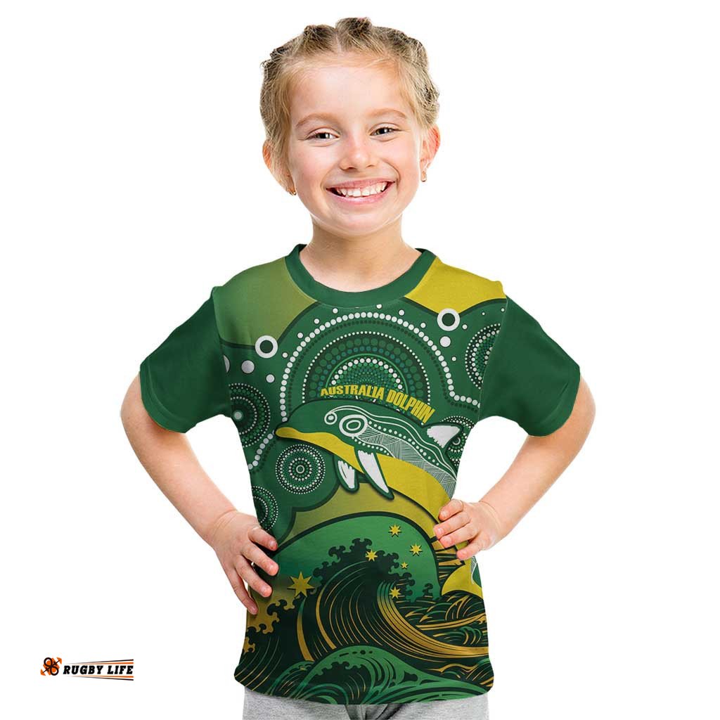 Personalised Australia Swimming Kid T Shirt Aussie Dolphin Aboriginal National Color