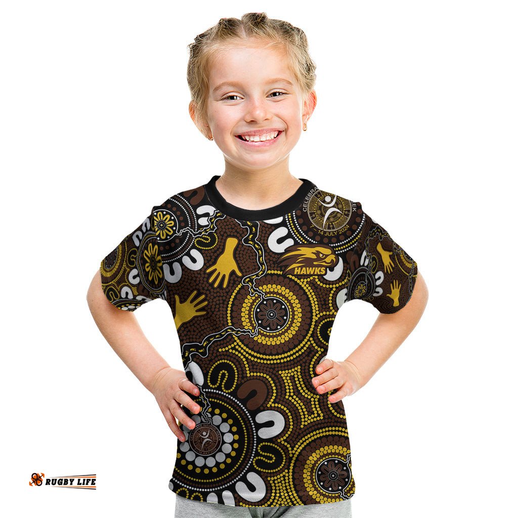 Custom Hawthorn NAIDOC Week 2024 Kid T Shirt Fire Burning Aboriginal Dots Art