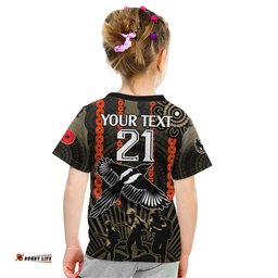 Custom Text And Number ANZAC Collingwood Football Kid T Shirt Proud To Be Magpies Poppy Flowers and Aboriginal Version