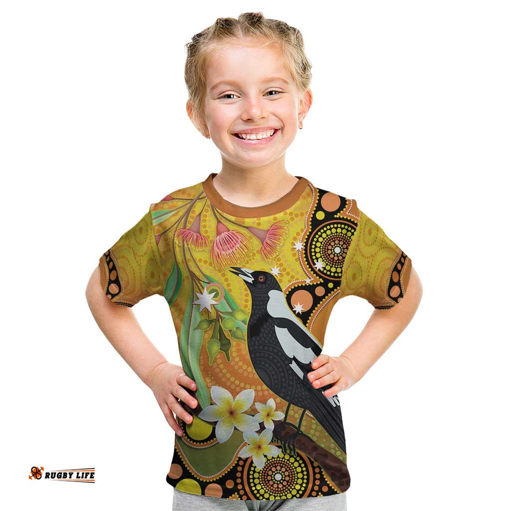 Australia Eucalyptus Flower And Magpie Kid T Shirt Aboriginal Art