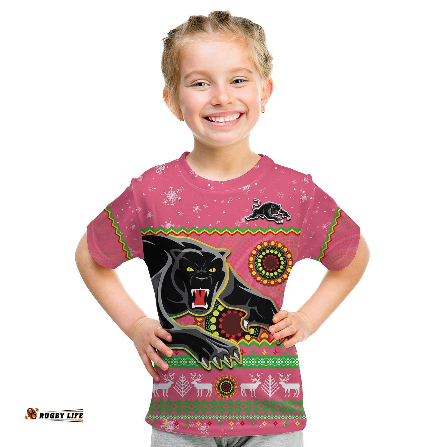 Panthers Christmas T Shirt KID Aboriginal Pattern Penrith Pink Version