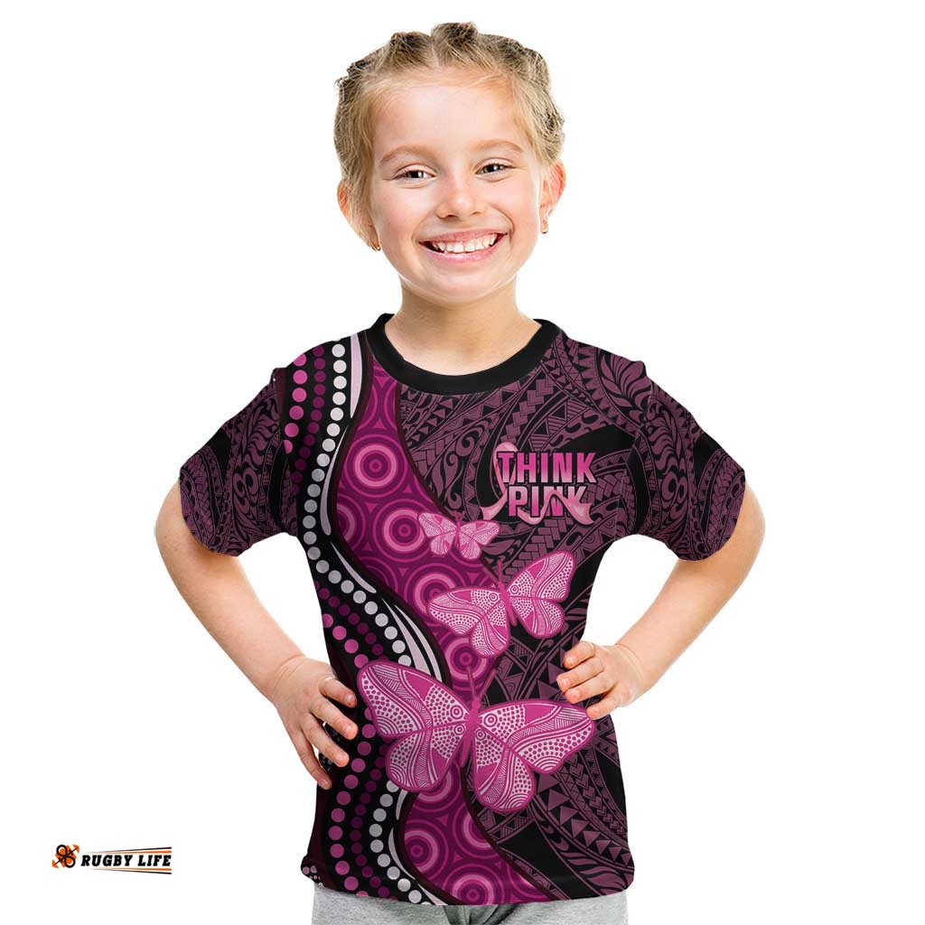 Think Pink Breast Cancer Awareness Kid T Shirt Butterfly Aboriginal Mix Polynesian Pattern