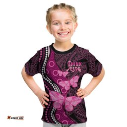 Think Pink Breast Cancer Awareness Kid T Shirt Butterfly Aboriginal Mix Polynesian Pattern