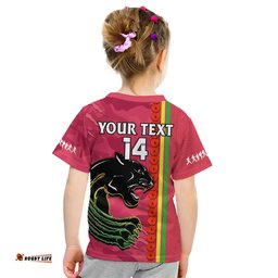 Custom Text And Number Panthers Rugby ANZAC T Shirt KID Aboriginal Mix Poppy Camouflage Pink