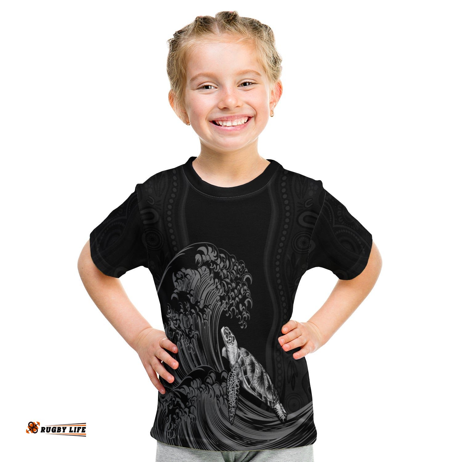 Torres Strait Islands T Shirt KID The Dhari Mix Aboriginal Turtle Version Black