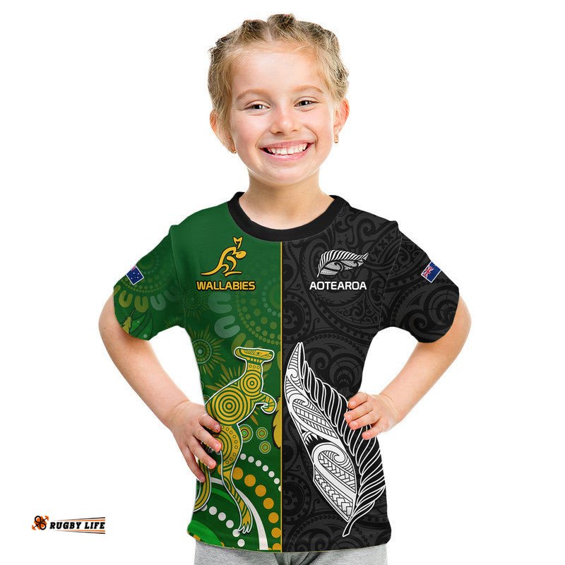 Aotearoa Rugby All Black Combine Australia Wallabies Kid T Shirt Aboriginal Kangaroo And Maori Fern