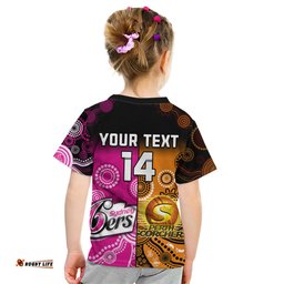Custom Text And Number Perth Scorchers and Sydney Sixers Cricket Kid T Shirt Aboriginal Art