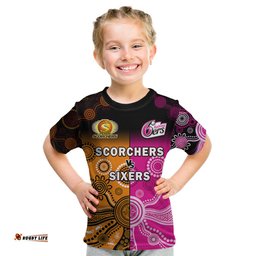 Custom Text And Number Perth Scorchers and Sydney Sixers Cricket Kid T Shirt Aboriginal Art