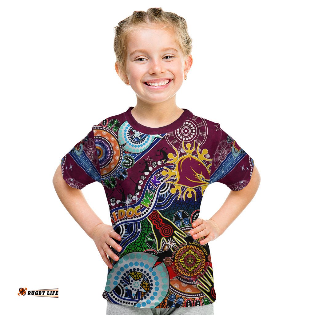 Personalised Broncos NAIDOC Week 2024 Kid T Shirt Australia Aboriginal Dot Painting