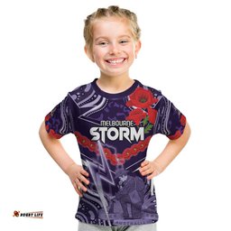 Custom Storm Rugby ANZAC Kid T Shirt Melbourne Gallipoli Soldier With Aboriginal Art