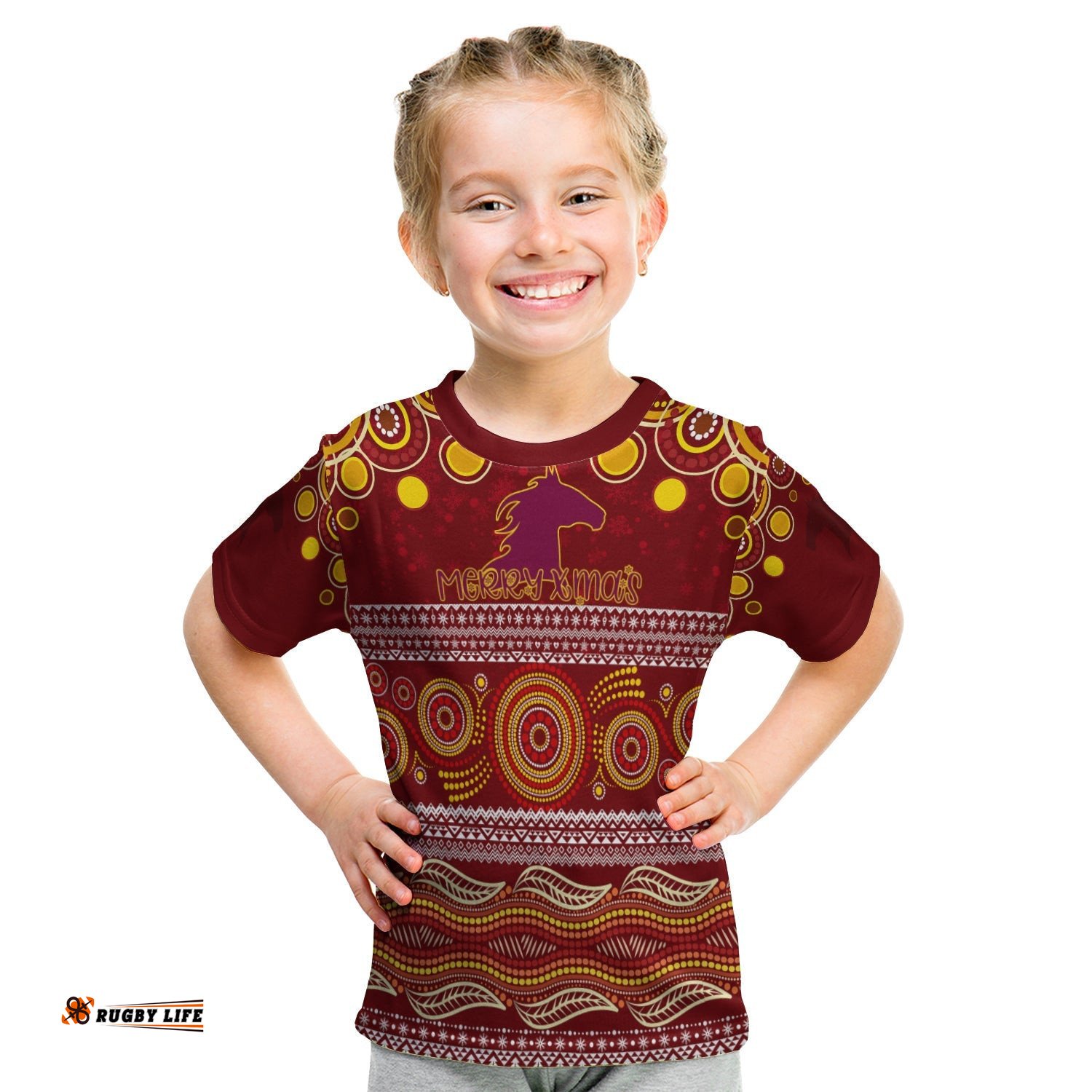 Broncos Christmas Red Aboriginal Art KID T-Shirt