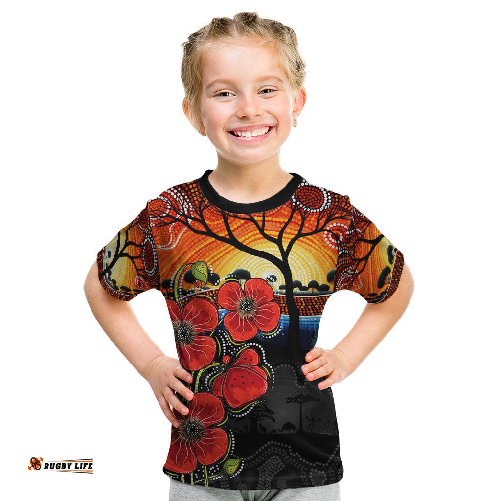 ANZAC Day Australia Poppy Flower Kid T Shirt Aboriginal Style