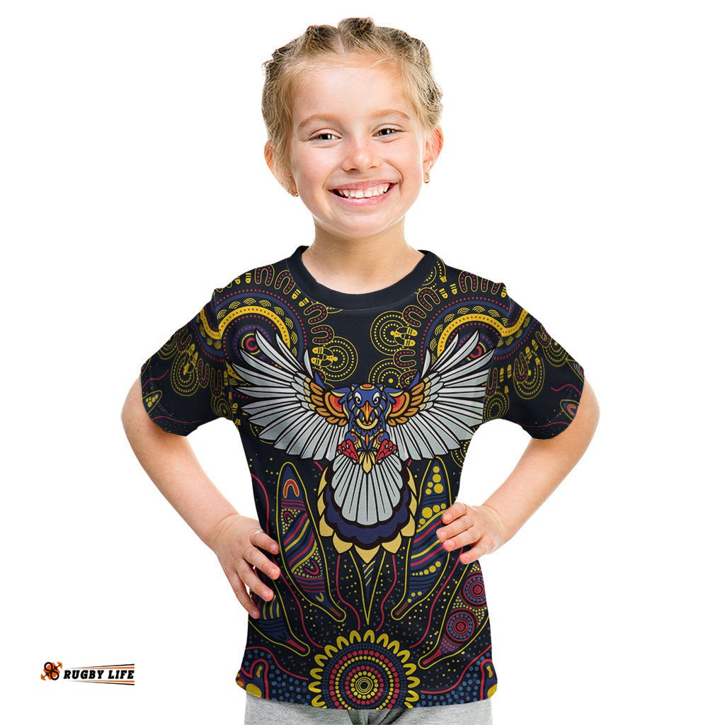 Custom Adelaide Football Kid T Shirt With Crow Aboriginal Art Style