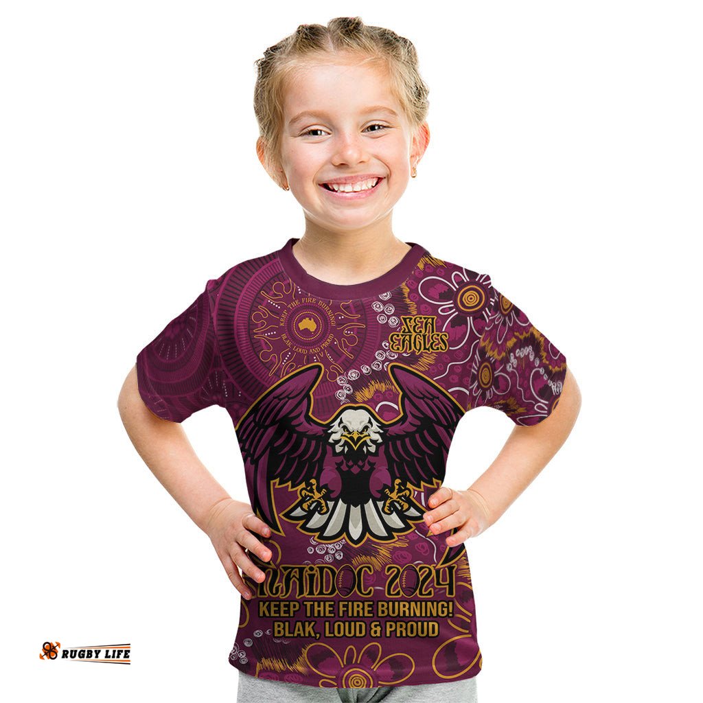 Personalised Sea Eagles NAIDOC Week 2024 Kid T Shirt Aboriginal Fire Burning Sparks