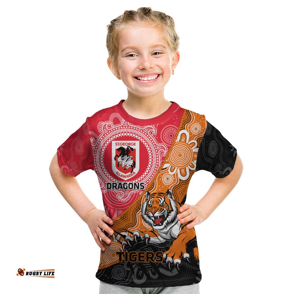 Personalised Dragons And Tigers Rugby Kid T Shirt Aboriginal Art