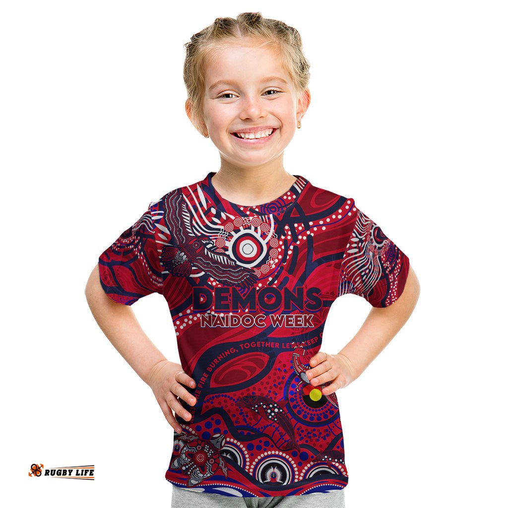 Custom NAIDOC Week 2024 Demons Kid T Shirt Aboriginal Animals Keep The Fire Burning