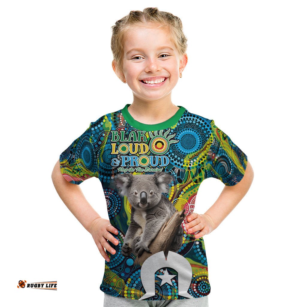 Personalised Vivid Minimal Koala Kid T Shirt NAIDOC 2024 Aboriginal Art Style No2