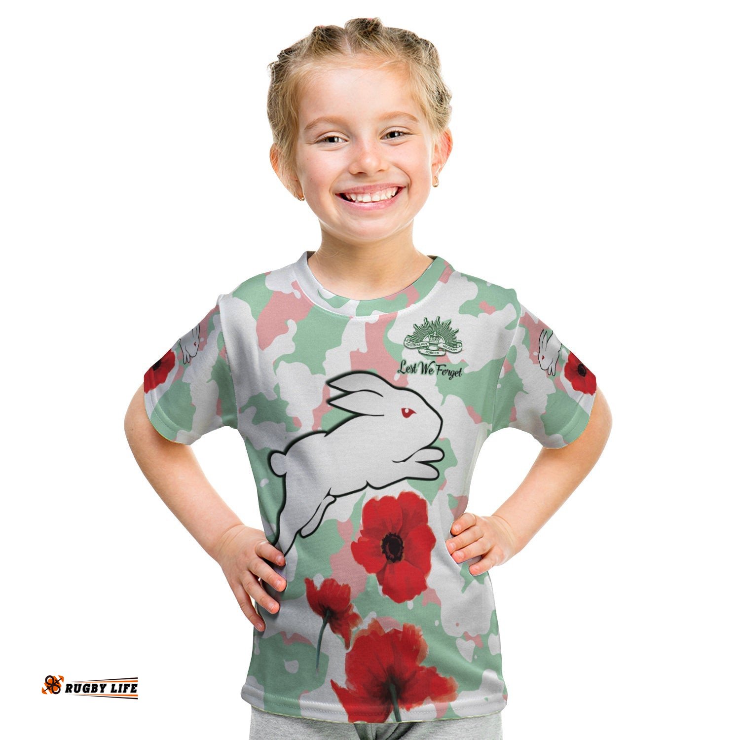 Rabbitohs Anzac Day T Shirt KID Poppies Aboriginal Proud Soldiers