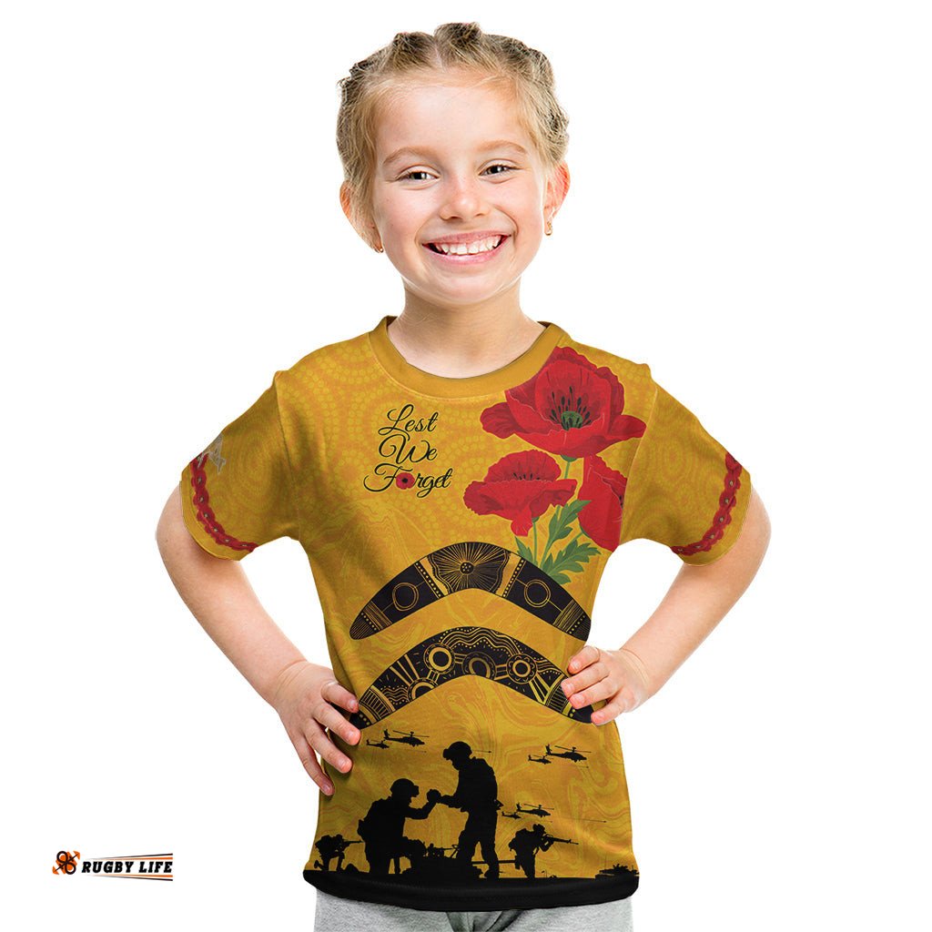 Australia Matildas Soccer ANZAC Custom Kid T Shirt Gallipoli Soldier With Aboriginal Dots Art