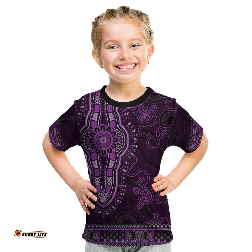 Purple African Dashiki With Australia Aboriginal Art Kid T Shirt