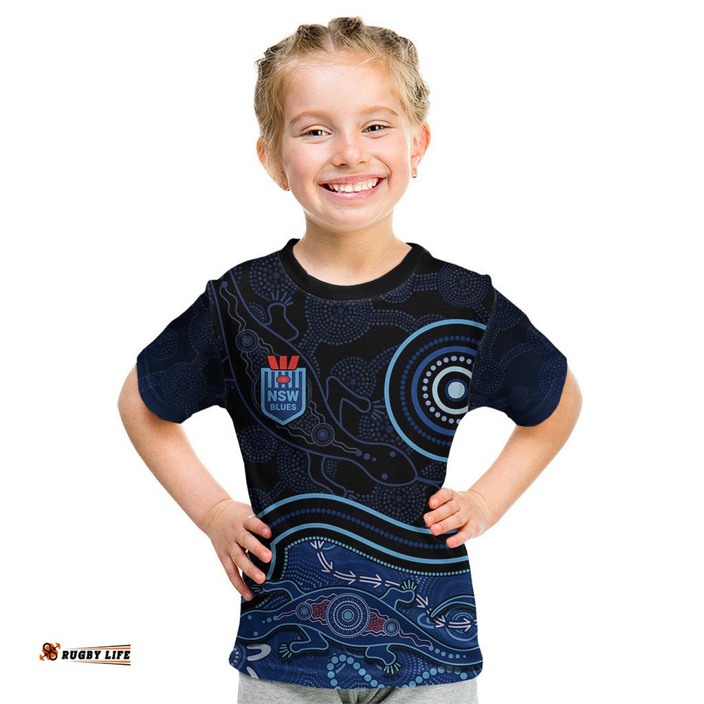 Personalised NSW Blues Rugby Indigenous Kid T Shirt Lizard Aboriginal Dot Art