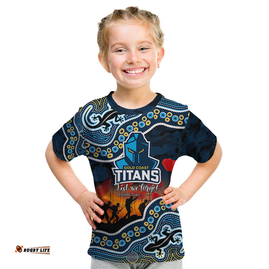 Custom Personalised Anzac Day NRL - Titans Kid T Shirt Aboriginal Lizard Patterns