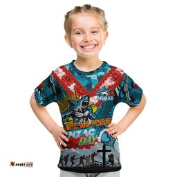 Personalised Sharks ANZAC Day Kid T Shirt Aboriginal Rising Sun