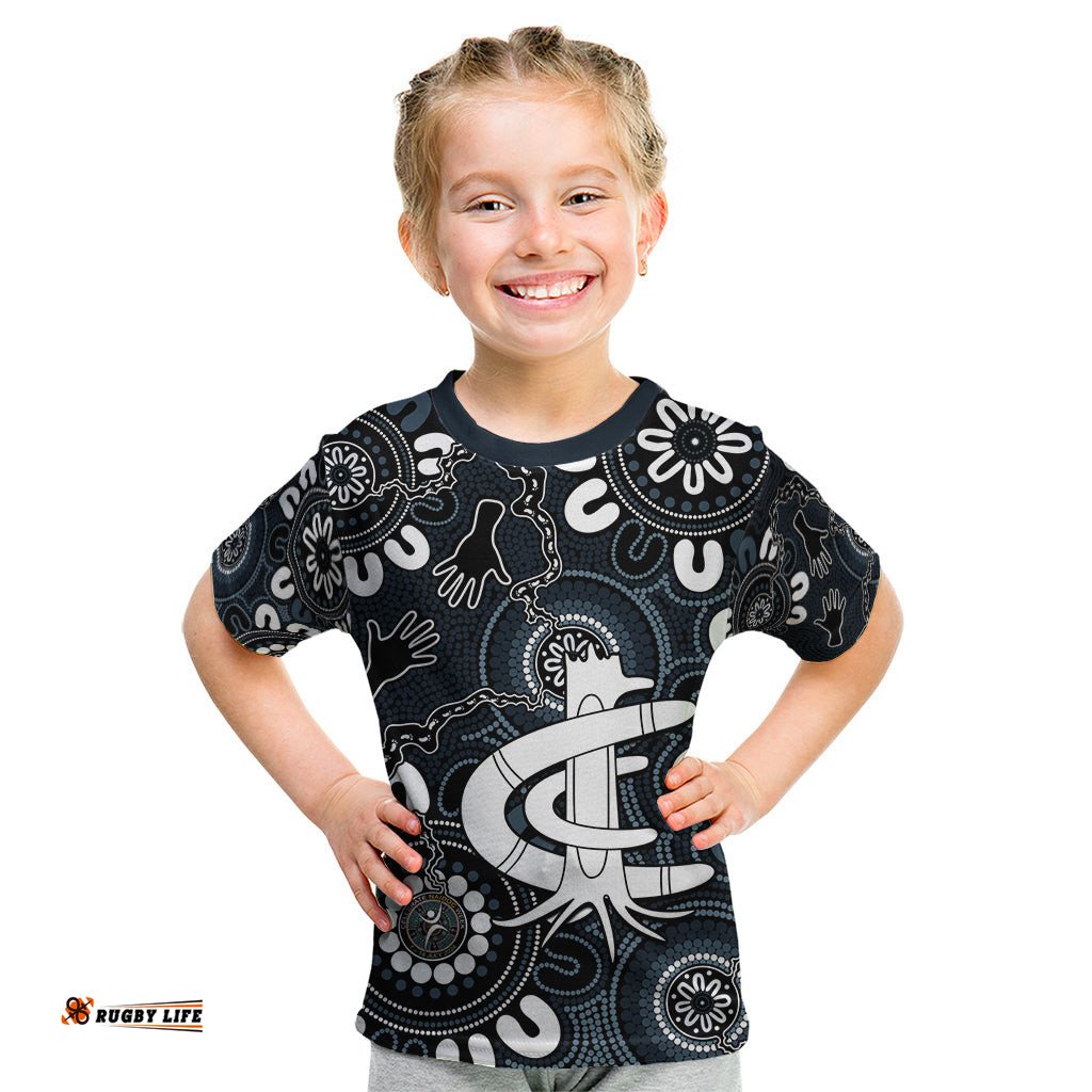 Custom Carlton Blues NAIDOC Week 2024 Kid T Shirt Fire Burning Aboriginal Dots Art