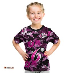 Custom Text And Number Sydney Sixers Cricket T Shirt KID Aboriginal Art Mix Tropical Flowers