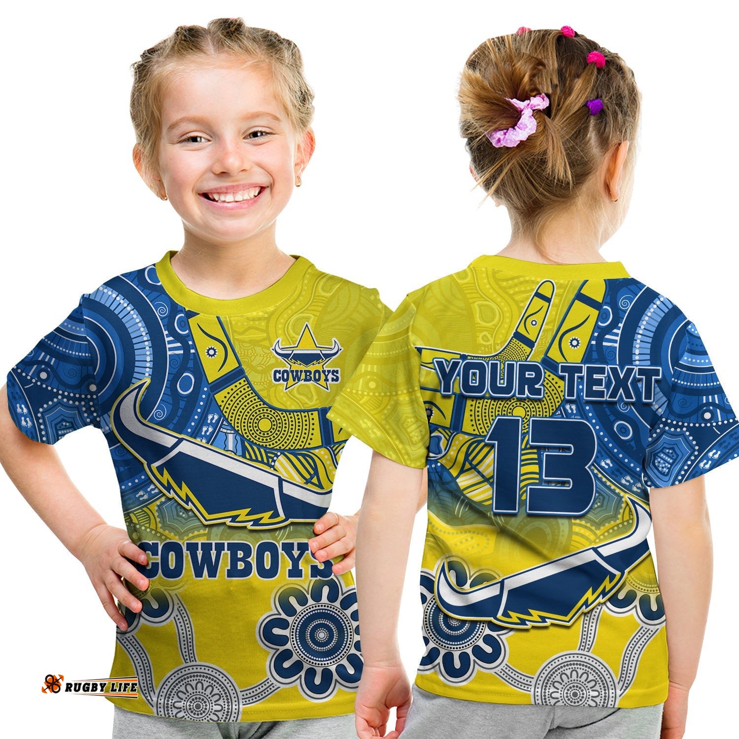 Custom Text and Number Cowboys Rugby T Shirt KID Aboriginal Boomerang Go Premiers North Queensland