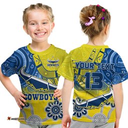 Custom Text and Number Cowboys Rugby T Shirt KID Aboriginal Boomerang Go Premiers North Queensland