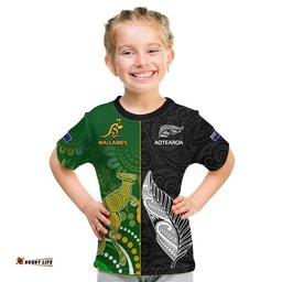 Custom Personalised Aotearoa Rugby All Black Combine Australia Wallabies Kid T Shirt Aboriginal Kangaroo And Maori Fern