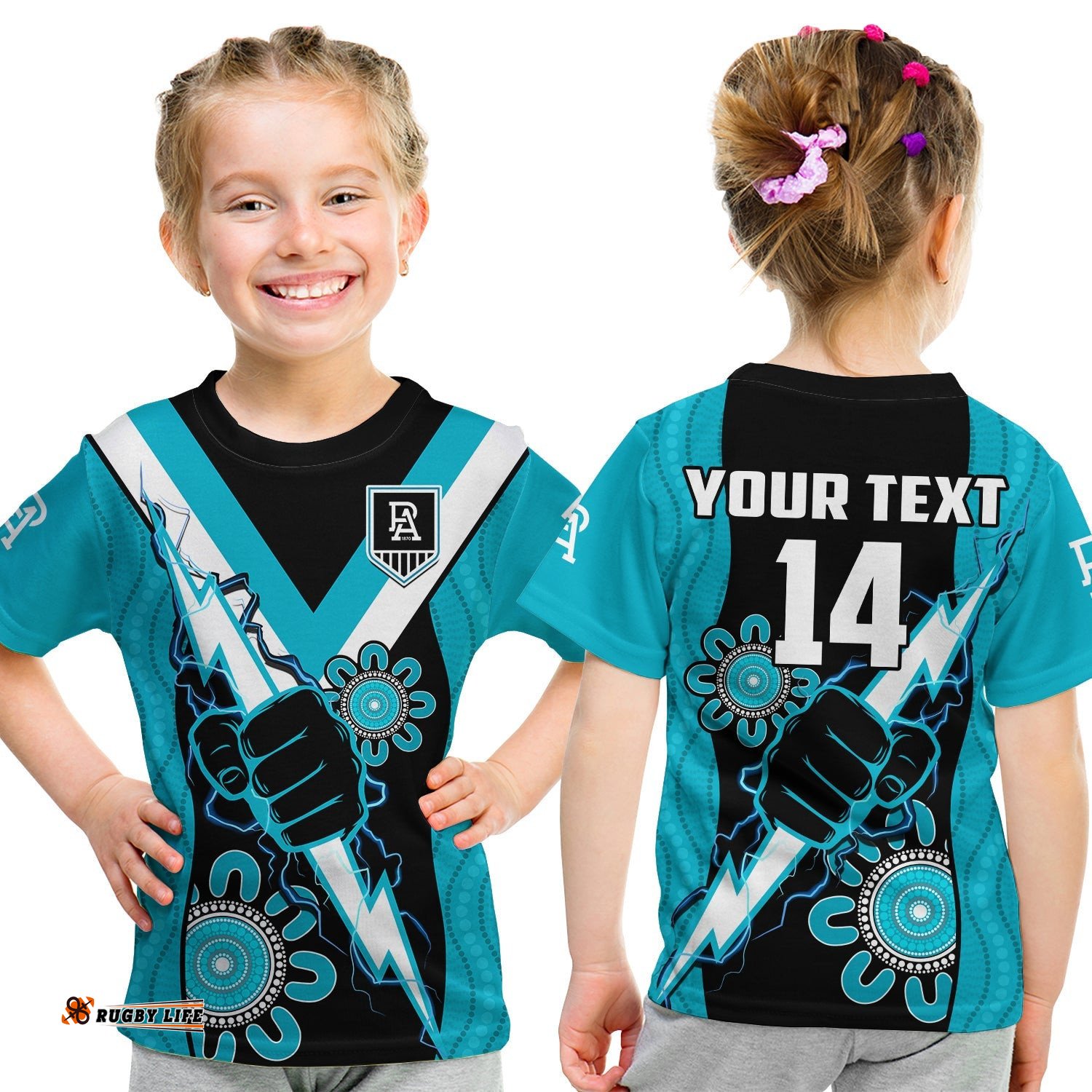 Custom Text And Number Port Adelaide Football T Shirt KID Power Thunder Hand Mix Aboriginal Dynamic