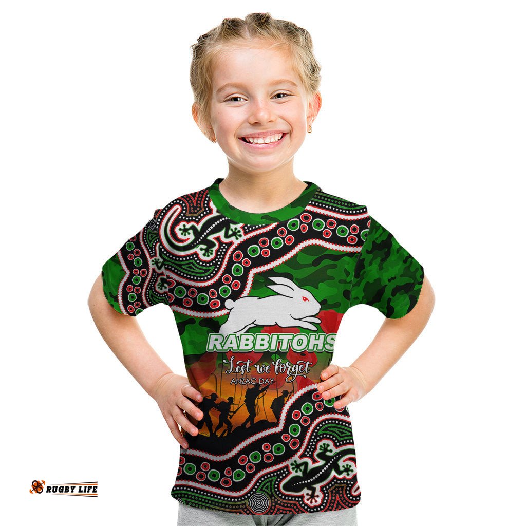 Custom Personalised Anzac Day NRL - Rabbitohs Kid T Shirt Aboriginal Lizard Patterns