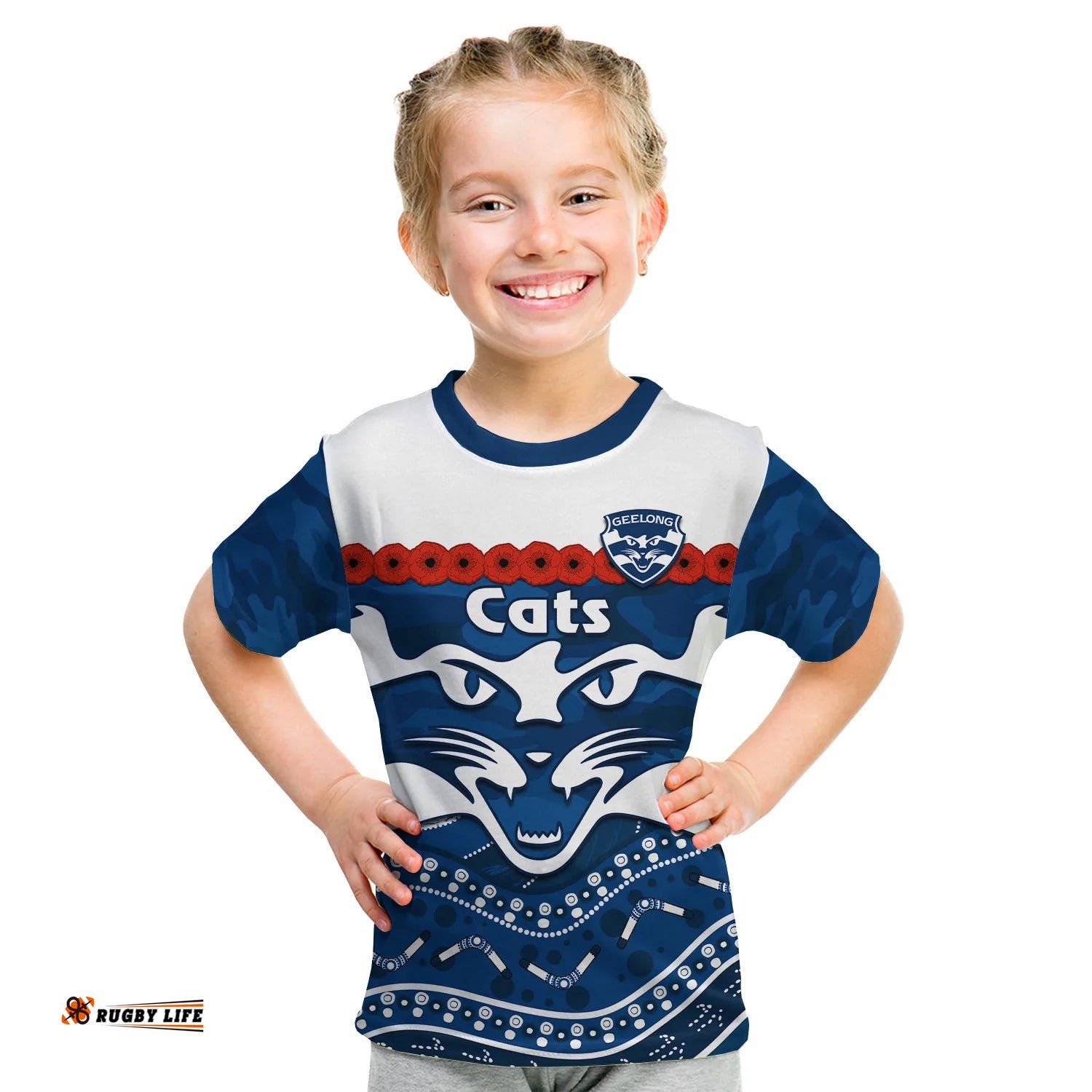 Cats Football ANZAC T Shirt KID Geelong Camouflage Poppy Mix Aboriginal