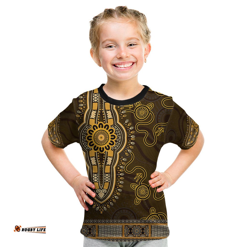 Gold African Dashiki With Australia Aboriginal Art Kid T Shirt