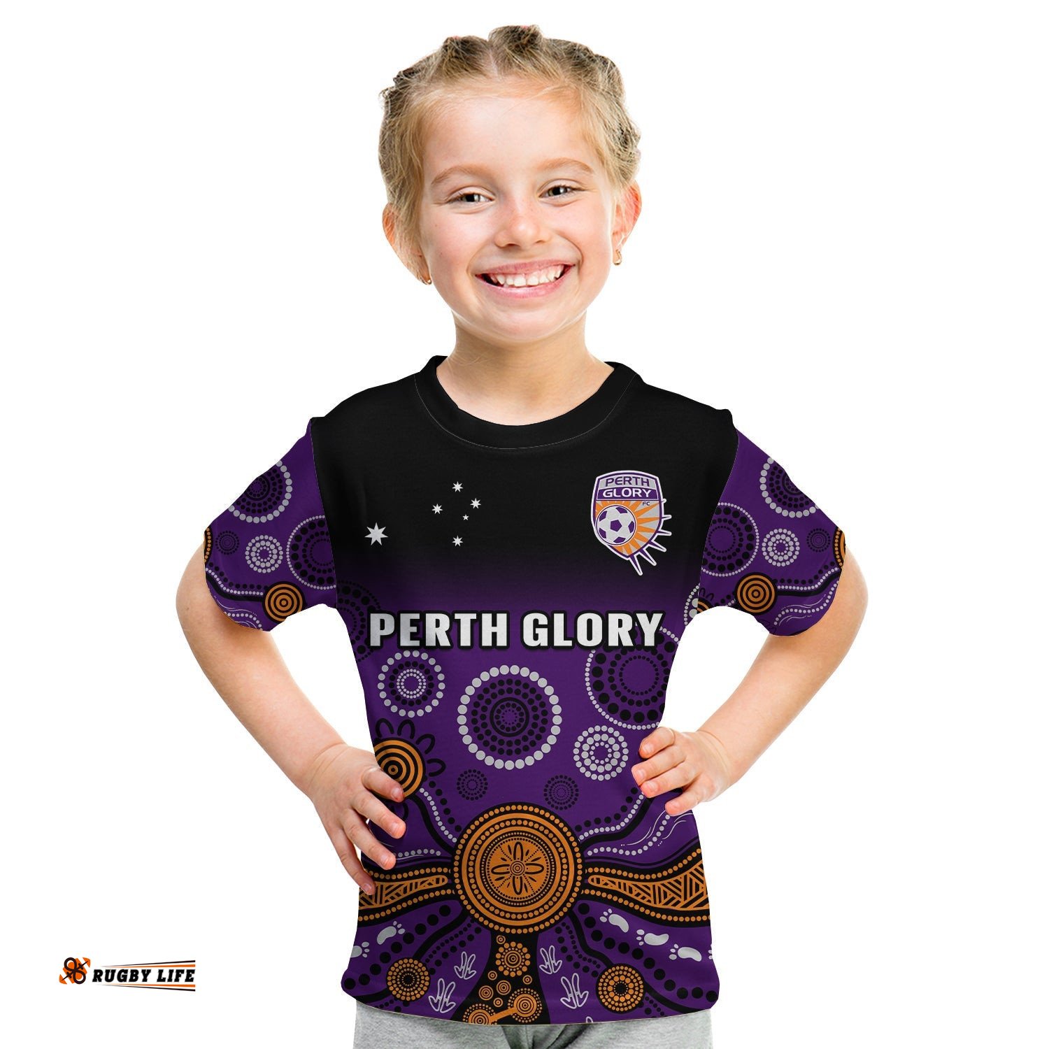 Custom Text And Number Perth Glory Football T Shirt KID Aboriginal Art