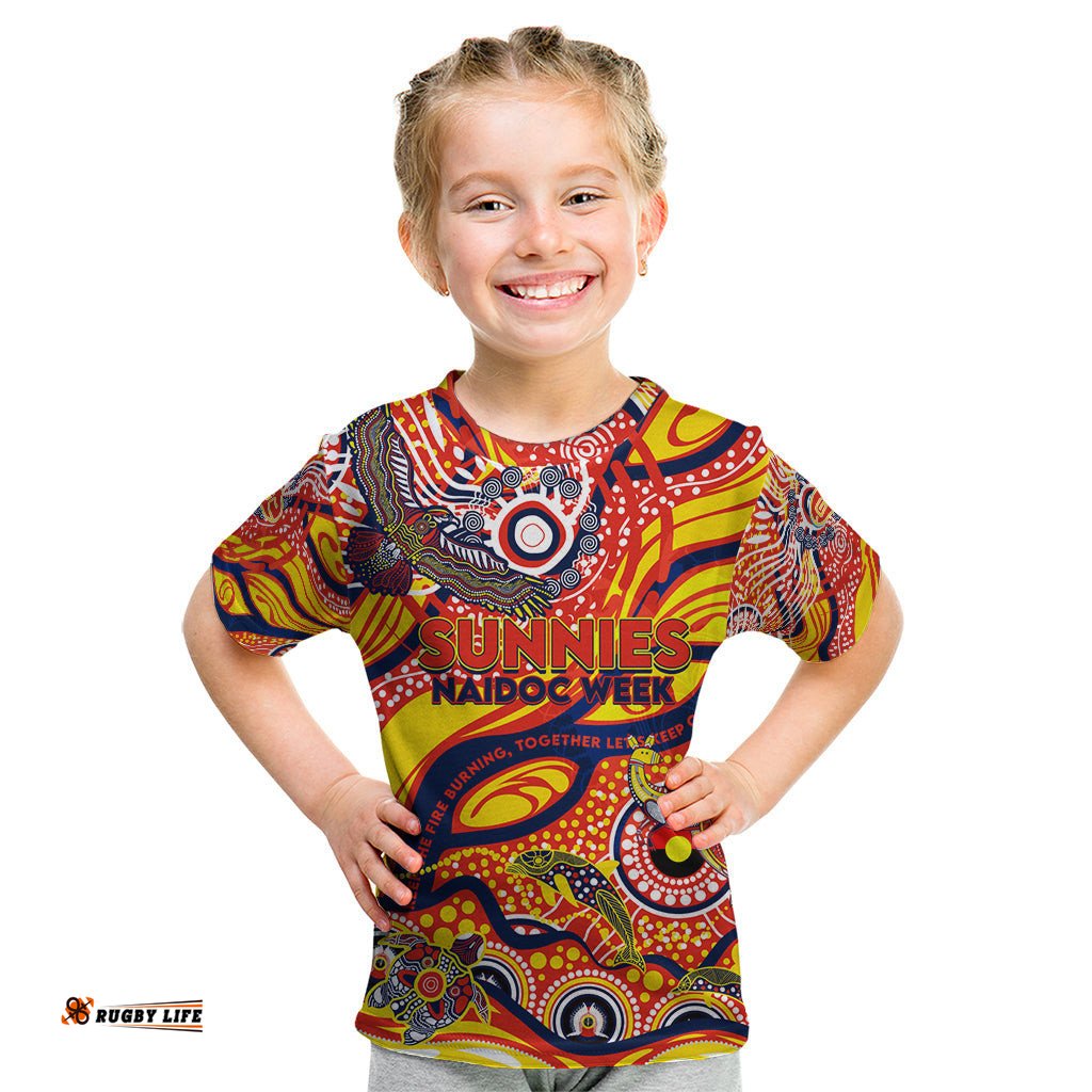 Custom NAIDOC Week 2024 Sunnies Kid T Shirt Aboriginal Animals Keep The Fire Burning
