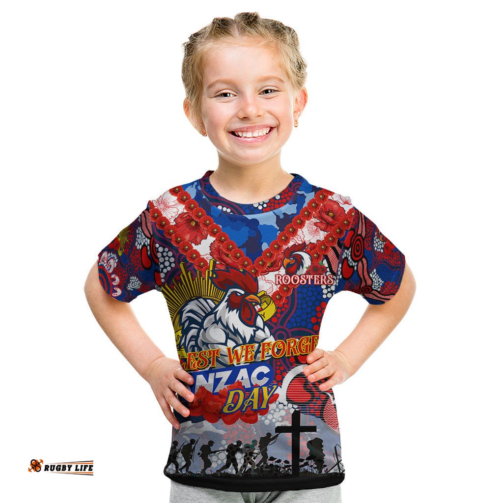 Personalised Roosters ANZAC Day Kid T Shirt Aboriginal Rising Sun