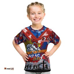 Personalised Roosters ANZAC Day Kid T Shirt Aboriginal Rising Sun
