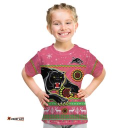 Custom Personalised Panthers Christmas T Shirt KID Aboriginal Pattern Penrith Pink Version