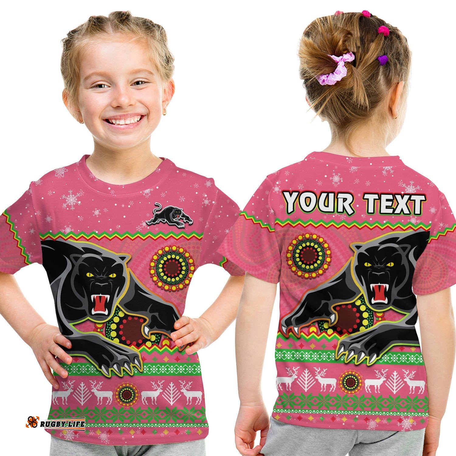 Custom Personalised Panthers Christmas T Shirt KID Aboriginal Pattern Penrith Pink Version