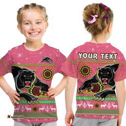 Custom Personalised Panthers Christmas T Shirt KID Aboriginal Pattern Penrith Pink Version