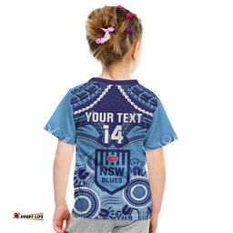 Custom NSW Blues Rugby Kid T Shirt Aboriginal Mix Polynesian Pattern
