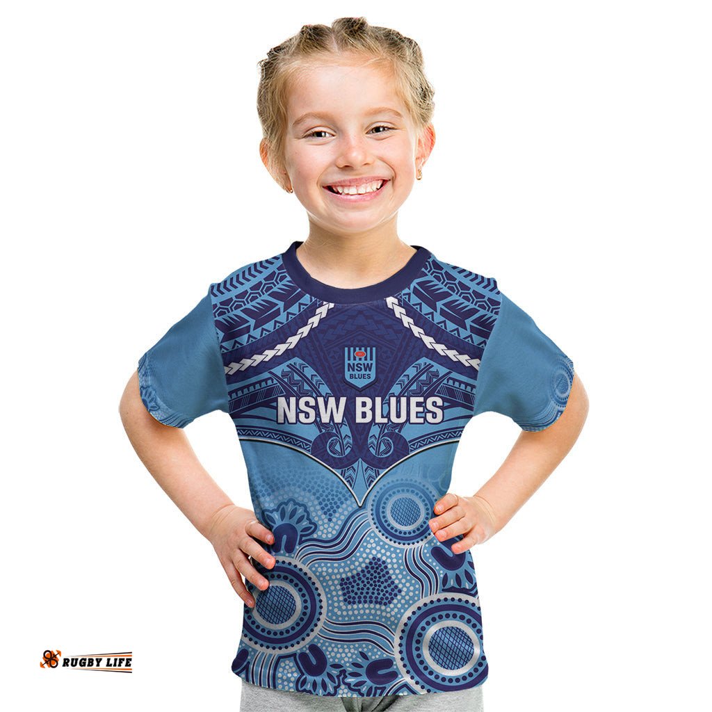 Custom NSW Blues Rugby Kid T Shirt Aboriginal Mix Polynesian Pattern