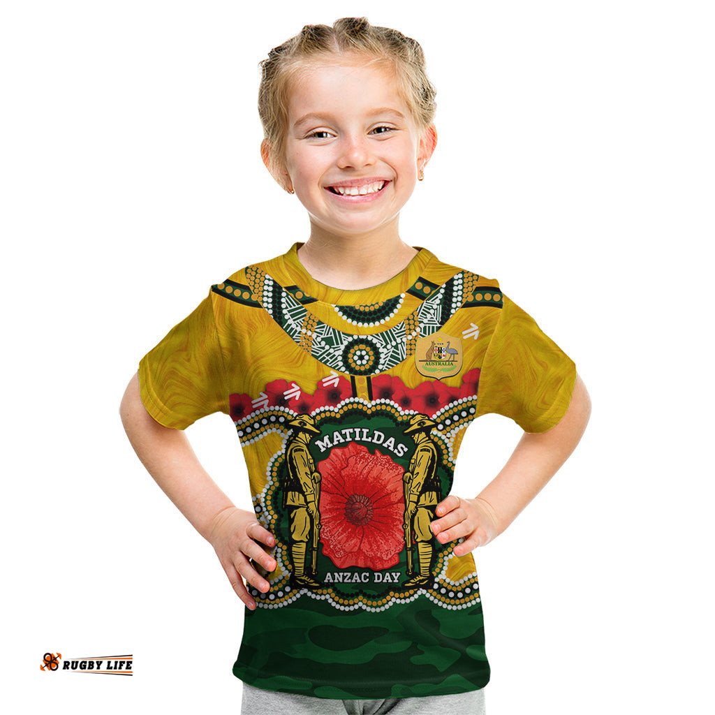 Matildas ANZAC Day 2024 Kid T Shirt Australian Army We Will Remember Them Aboriginal Art