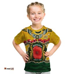 Matildas ANZAC Day 2024 Kid T Shirt Australian Army We Will Remember Them Aboriginal Art