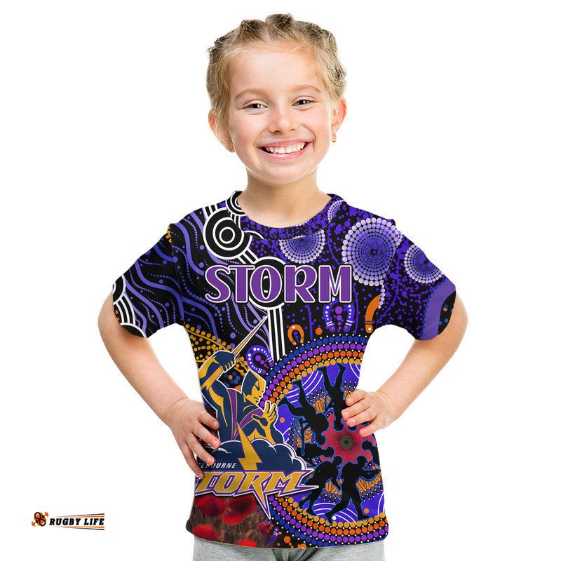 Storm Rugby ANZAC Kid T Shirt Aboriginal Military and Poppy Flowers